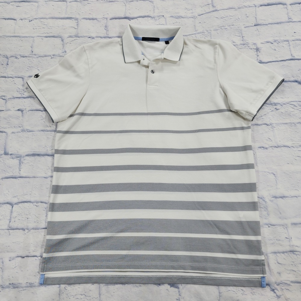 Greyson Golf Polo Shirt MENS SIZE L Pique White Gray Stripe Performance Stretch
